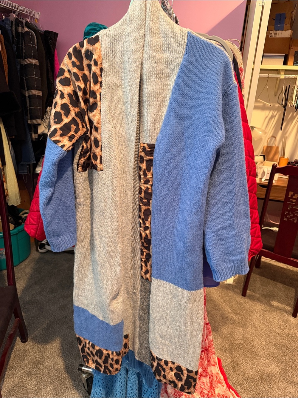 Leopard Trim Colorblock Open Cardigan - Blue & Gray